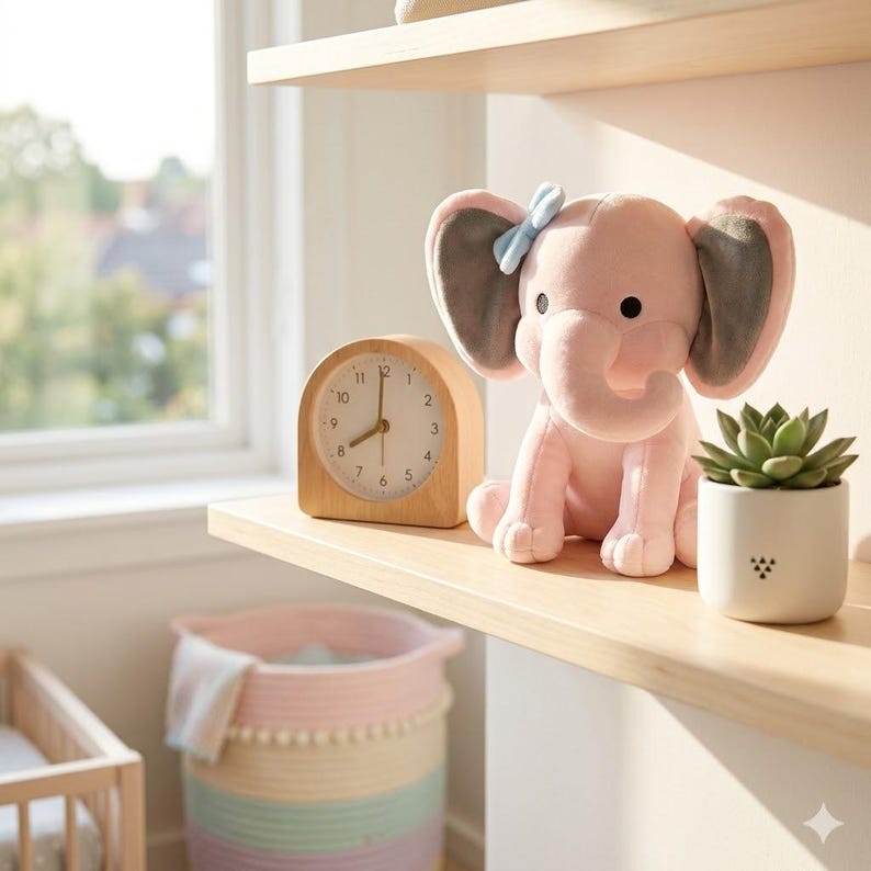K&ouml;nnte beinhalten: Ein rosa Pl&uuml;schelefant mit grauen Ohren und einer blauen Schleife sitzt auf einem Holzregal neben einer Holzuhr und einer kleinen Topf-Sukkulente. Ein pastellfarbener Aufbewahrungskorb ist darunter zu sehen.