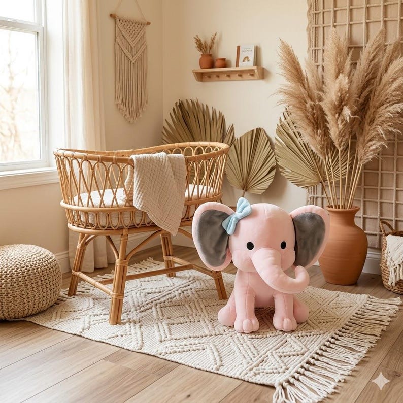 K&ouml;nnte beinhalten: Ein Kinderzimmer mit einer hellbraunen Stubenwiege aus Rattan und einem rosa Pl&uuml;schelefanten. Der Elefant hat graue Ohren und eine blaue Schleife. Die Wiege hat eine wei&szlig;e Matratze und eine weiche Decke. Der Raum ist mit getrockneten Pflanzen und einem Makramee-Wandbehang dekoriert.