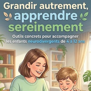 Peut inclure: Illustration d'une femme et d'un enfant faisant un puzzle coloré. L'image comprend des livres, des crayons de couleur et une horloge. Les titres des livres sont "Activités Ludiques" et "TDAH Guide". Le titre principal du livre est "Grandir autrement, apprendre sereinement".
