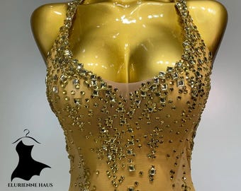 Vestido tubo de cristal dorado – Vestido de noche ajustado y transparente para actuaciones en discotecas y escenarios