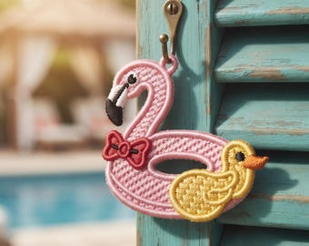 Float with Duck Freedom Beach Lace Earrings Machine Embroidery Design FSL In The Hoop Digital File Pool Float Motif Instant Download