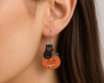 Oorbellen met zwarte kat en pompoenkant – Halloween borduurpatroon (digitale download)
