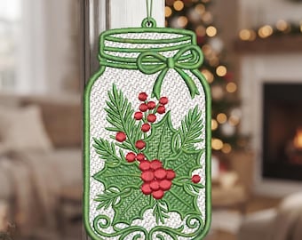 Diseño de bordado a máquina de pendientes de encaje con acebo y bayas navideñas Freedom Beach, patrón digital FSL con motivo de plantas navideñas, descarga instantánea.