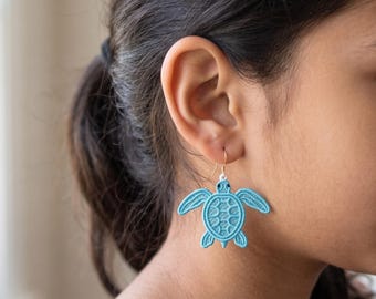 Sea Turtle Lace Earrings: Beach Ocean Animal Embroidery Design (Digital Download)