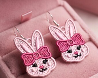 Pink Rabbit Head Pendant Freedom Beach Lace Earrings Machine Embroidery Design FSL Cute Jewelry File