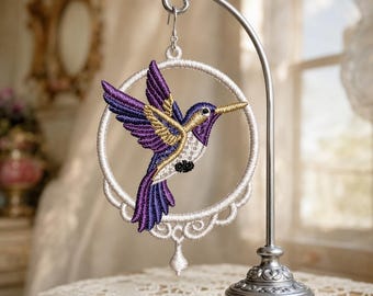 Hummingbird Lace Earrings Machine Embroidery Pattern – Freestanding Jewelry Design (Digital File)