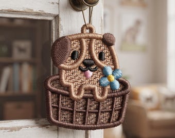 Puppy in a Basket Freedom Beach Lace Earrings Machine Embroidery Design FSL Cute Jewelry File