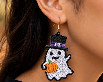 Spooky Ghost Pumpkin Lace Earrings: Halloween Embroidery Design (Digital File)
