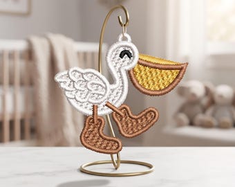Schattige pelikaan cartoon vrijstaande kanten oorbellen machine borduurpatroon ITH strandvogel sieraden digitaal bestand DST PES