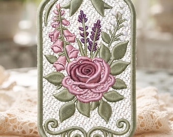 Mason Jar with Roses & Lavender, Floral Machine Embroidery Design, Botanical Blossom FSL Motif, Instant Download Digital File
