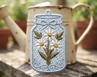 Daisy Mason Jar Freedom Beach Lace Earrings Machine Embroidery Design FSL Cute Jewelry File