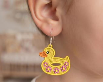 Floral Yellow Rubber Duck Freedom Beach Lace Earrings Machine Embroidery Design FSL In The Hoop Digital File Cute Motif Instant Download