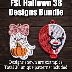 Op de afbeelding: Twee geborduurde patches met het label FSL Hallowen 38 Designs Bundle. Eén patch is een wit spookje met een roze strik dat een oranje pompoen vasthoudt. De andere is een rond ontwerp van een rood-wit clowngezicht. Tekst: Designs shown are examples.
