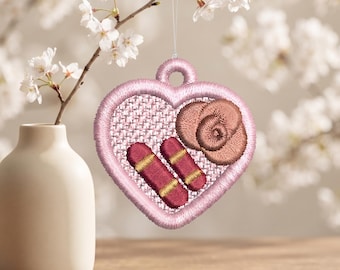 Roze hart Freedom Beach kanten oorbellen machineborduurpatroon FSL In The Hoop digitaal bestand schattig motief direct te downloaden