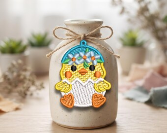 Kuikenhanger, vrijstaande kanten oorbellen, machineborduurontwerp ITH Spring Bird Jewelry, digitaal bestand DST PES