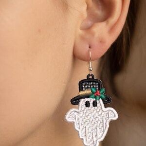 Ghost Earring Embroidery Design: Spooky Christmas Hat Holly Pattern (Digital Download)