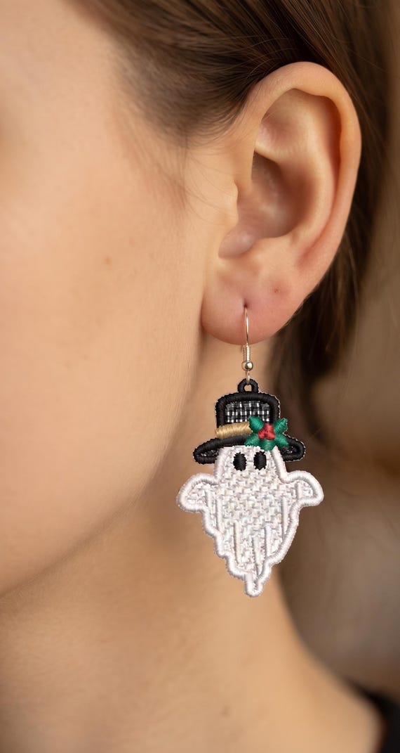 Ghost Ornament with Christmas Hat Holly Machine Embroidery Design Spooky Cute FSL Earring Digital Pattern