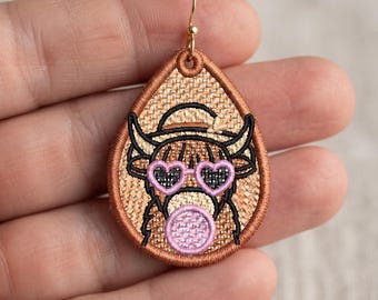Schotse Hooglandkoe Vrijheid Strand Kanten Oorbellen Machineborduurontwerp FSL Leuke Dieren Zomer Sieraden Digitaal Bestand 2x1,5 Inch