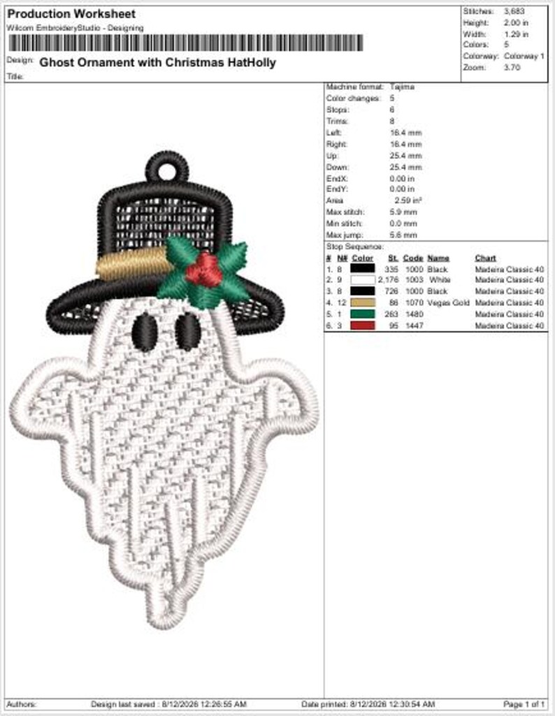 Puede incluir: Una hoja de producci&oacute;n digital para un dise&ntilde;o de bordado titulado Ghost Ornament with Christmas HatHolly. El dise&ntilde;o muestra un fantasma blanco con un sombrero de copa negro con una banda dorada, hojas de acebo verdes y bayas rojas, de 5,08 cm de alto.