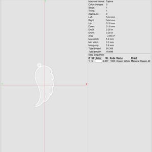 Puede incluir: Hoja de trabajo de producci&oacute;n para un dise&ntilde;o de pendientes, etiquetado como "ears ring 02". El dise&ntilde;o presenta una forma de ala estilizada. La hoja de trabajo incluye medidas: altura 6,35 cm, ancho 2,90 cm. El dise&ntilde;o utiliza un color y tiene 2.809 puntadas.