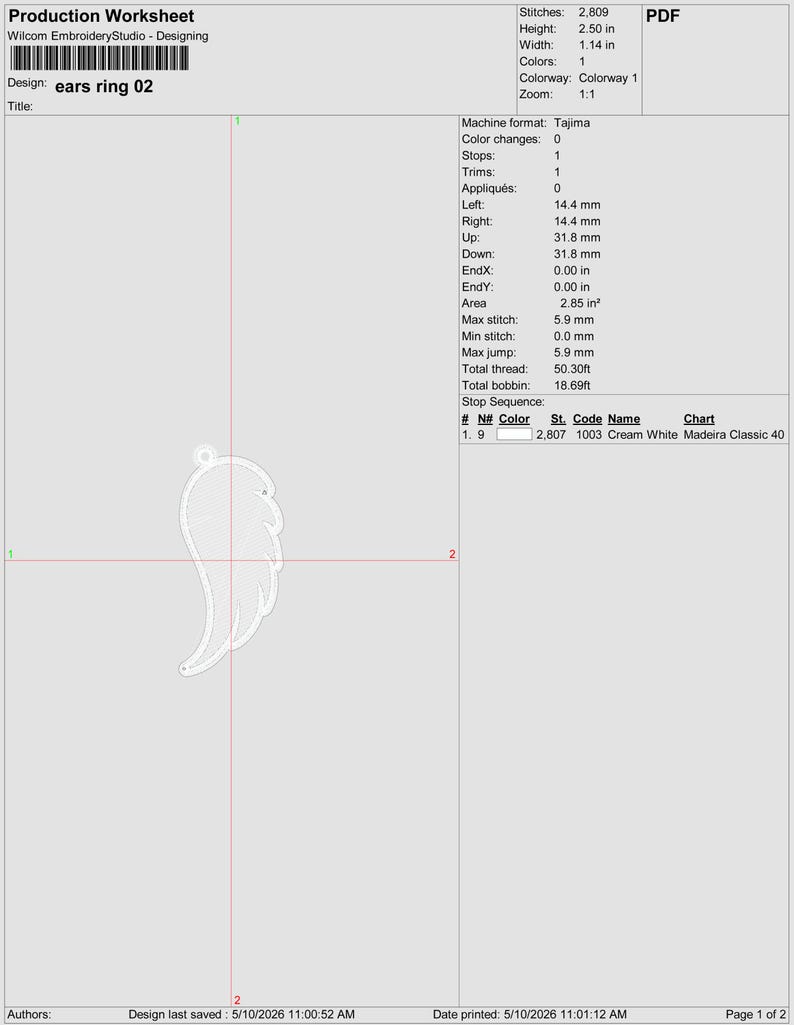 Puede incluir: Hoja de trabajo de producci&oacute;n para un dise&ntilde;o de pendientes, etiquetado como "ears ring 02". El dise&ntilde;o presenta una forma de ala estilizada. La hoja de trabajo incluye medidas: altura 6,35 cm, ancho 2,90 cm. El dise&ntilde;o utiliza un color y tiene 2.809 puntadas.