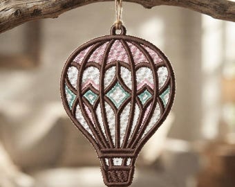 Vrijstaande oorbellen met kant in de vorm van een heteluchtballon, machinaal geborduurd ontwerp, reisaccessoire, zwevende lucht, digitaal bestand.