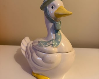 Kleine vintage keramische koektrommel gans met blauwe strik