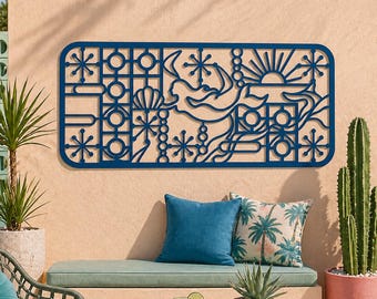 Mid Century Modern Mermaid Metal Wall Art, Atomic Coastal Panel, Outdoor Patio Decor