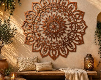 May include: A large, circular, brown wooden wall art piece featuring an intricate, symmetrical mandala pattern with layered, petal-like cutouts. The design radiates from a central point, creating a complex, geometric, floral-inspired motif.