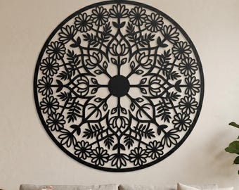 Väggkonst med blommig mandala i metall, rund boho väggdekor, väggbonad med blommönster i metall, dekorativ mandala-väggkonst