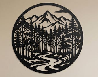 Metallväggkonst för bergsskog, rund väggdekoration för natur, metallväggbonad för landskap, rustik stuga