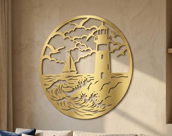 Fyr i metall, väggdekor med kust och hav, nautisk metallväggbonad, rund väggkonst med strandhus