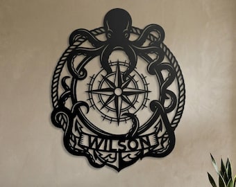 Personlig metallskylt med bläckfiskkompass | Väggdekoration i marin rep, kustkonst