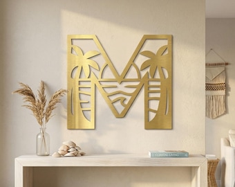 Väggdekoration i metall med monogram | Palmträd, solnedgång, havsdesign | Skylt med kusthus