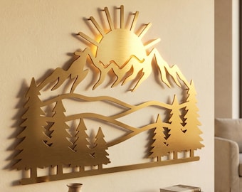 Metallväggkonst med soluppgång och berg | Rustik skulptur i skogslandskap