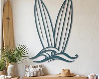 Metal Surfboard Wall Art, Ocean Wave Coastal Decor, Beach House Accent