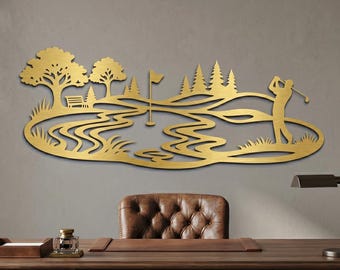 Metal Golf Wall Art • Panoramic Golfer Silhouette Scene, Office Decor