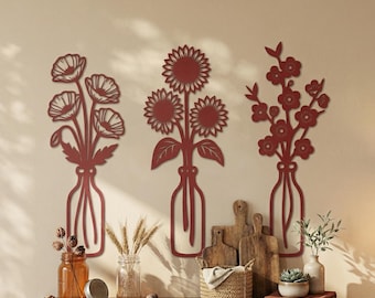 Set of 3 Metal Floral Wall Art, Sunflower Kitchen Decor, Rustic Farmhouse Botanical Pieces