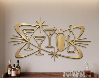 Mid Century Modern Metal Wall Art, Atomic Cocktail Bar Decor, MCM Sculpture