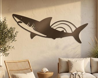 Shark Metal Wall Art, Coastal Bedroom Decor, Ocean Wave Accents