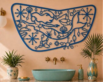 Mid Century Modern Mermaid Metal Wall Art, Coastal Atomic Decor