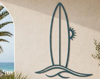 Metal Surfboard Wall Art, Ocean Wave Sun Decor, Coastal Beach House Patio