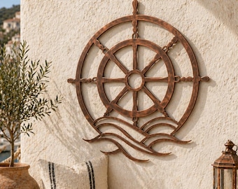 Nautical Ship Wheel Metal Wall Art, Coastal Wave Outdoor Decor