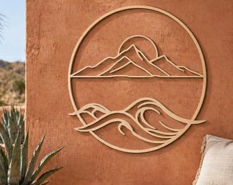 Metal Wall Art, Mountain Wave Landscape, Lake House Cabin Decor
