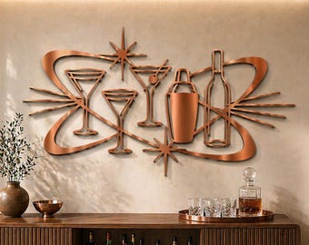 Mid Century Modern Metal Wall Art, Atomic Cocktail Bar Decor, MCM Sculpture