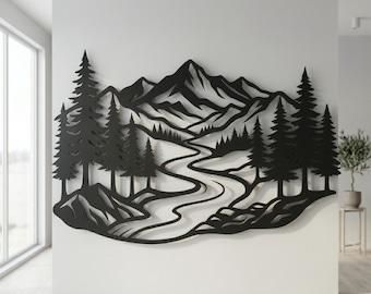 Väggdekor i metall, berg, flod och skog | Rustik stuga, naturkonst