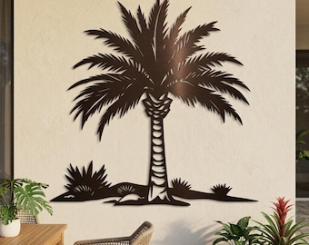 Väggkonst i metall från sydvästra palmer, tropisk ökendekor, skulpturskylt i stål