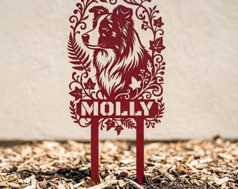 Personlig Sheltie trädgårdsstång, anpassad hundnamn metalldekor, botanisk trädgårdsskylt