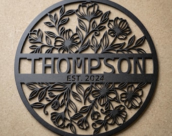 Personalized Floral Metal Name Sign, Custom Round Family Decor (Est. Year)