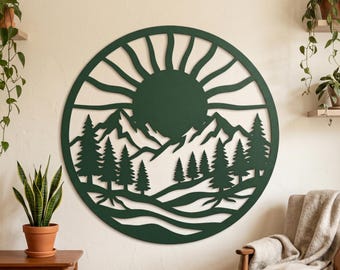 Metallväggkonst för bergssoluppgång, rund väggdekoration i skog, metallskylt för naturlandskap, väggbonad i rustik stuga